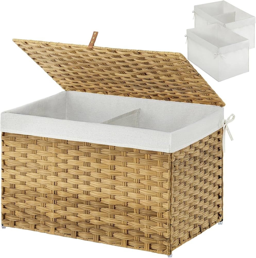 GREENSTELL Storage Basket with Lid, Handwoven Blanket Storage Basket with Cotton Liner and Metal ... | Amazon (US)