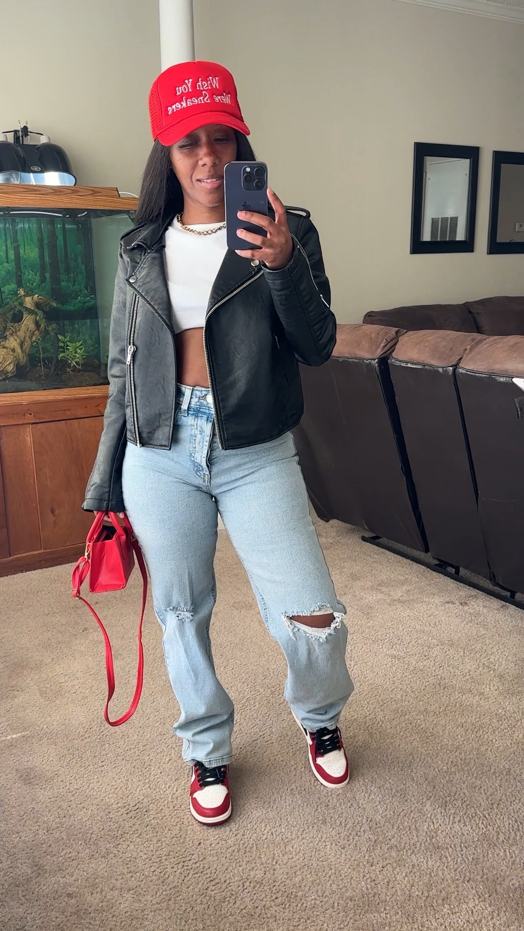 Running errands in Atlanta. Today, I’m wearing a white seamless ribbed cropped top and black faux leather moto jacket from @walmart high waisted distressed light washed jeans feom @target styled with a red trucker hat and a red mini crossbody bag

#LTKstyletip #LTKFestival #LTKfindsunder100