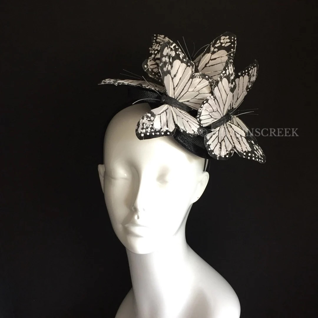 butterfly headpiece, white monarch butterfly theme, Derby fascinator Hat, black and white monarch... | Etsy (US)