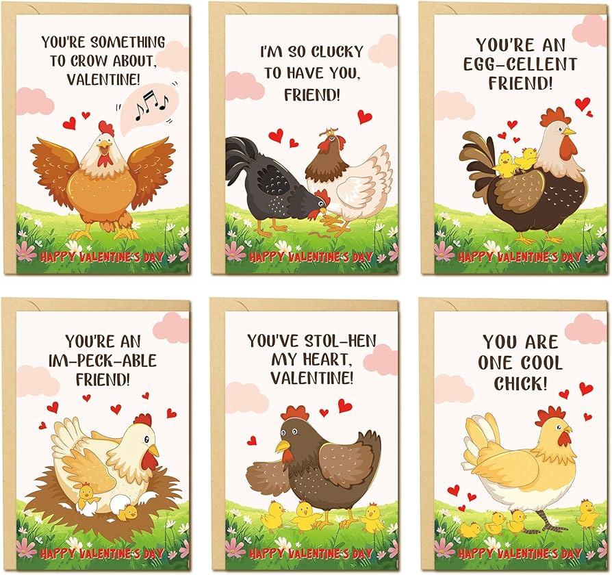 24 Cute Chicken Valentine's Day Card Set, Funny Pun Chick Valentines Cards Pack with Envelopes, V... | Amazon (US)