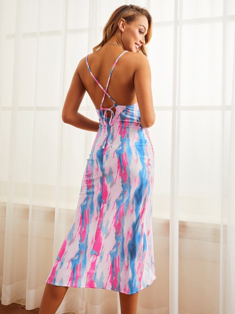 SBetro Lace Up Backless Split Thigh Tie Dye Dress | SHEIN