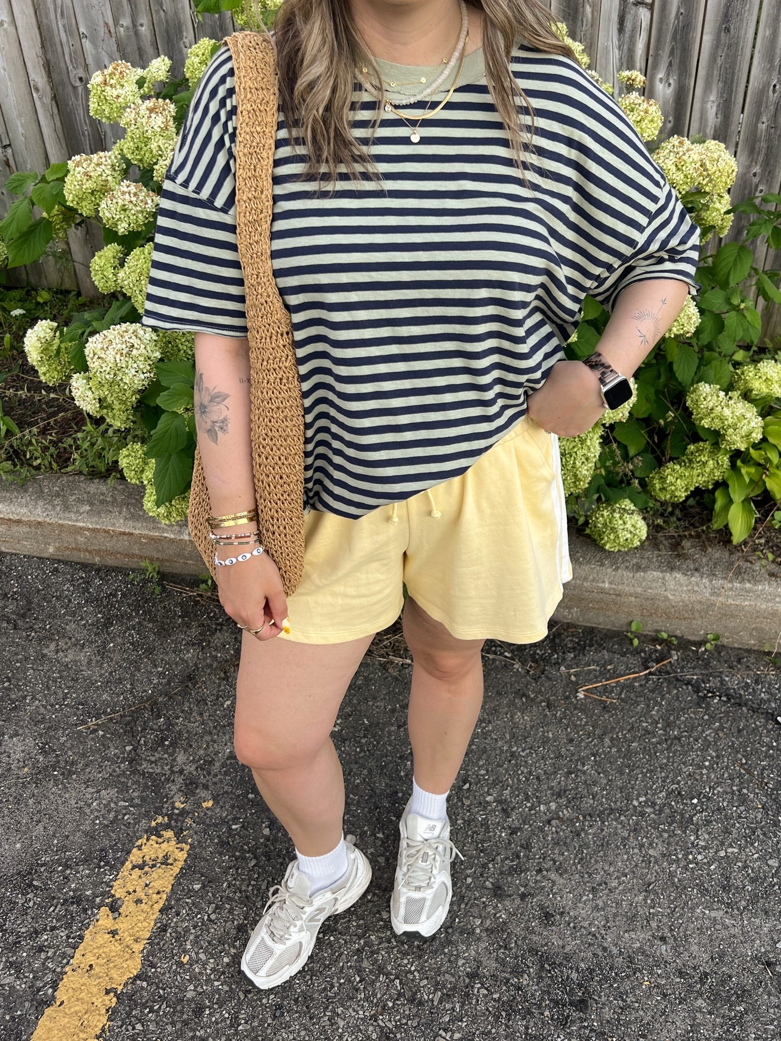 Comfy summer outfit for a walk! Wearing my usual size L in the striped tee. Linked similar butter yellow sweat shorts. I’m a 9.5-10 shoe and wear a 9 in the new balance sneakers (so comfy for walking!)

#LTKsummer #LTKsale #LTKmidsize