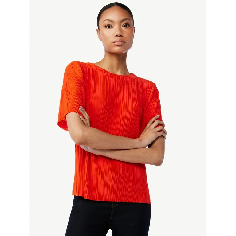 Scoop Women's Crinkle Knit Tee with Short Sleeves | Walmart (US)