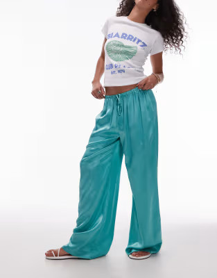 Topshop crinkle satin wide leg pants in blue | ASOS (Global)