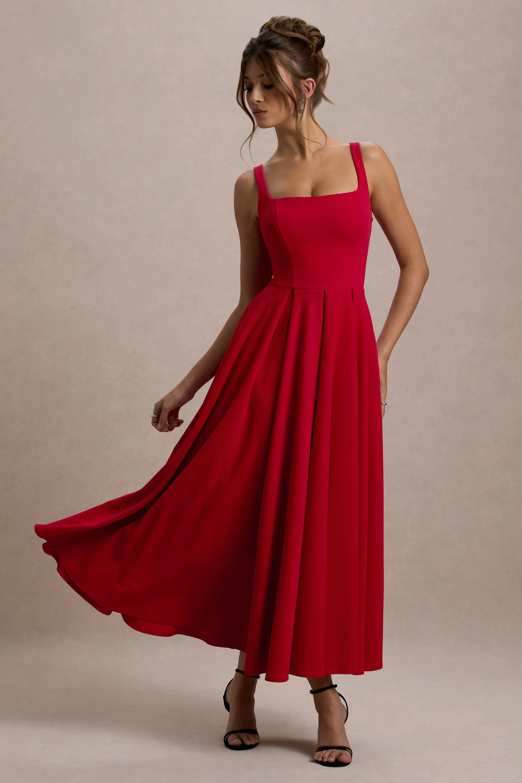 Parina | Red Strappy Volume-Hem Midi Dress | Club L London