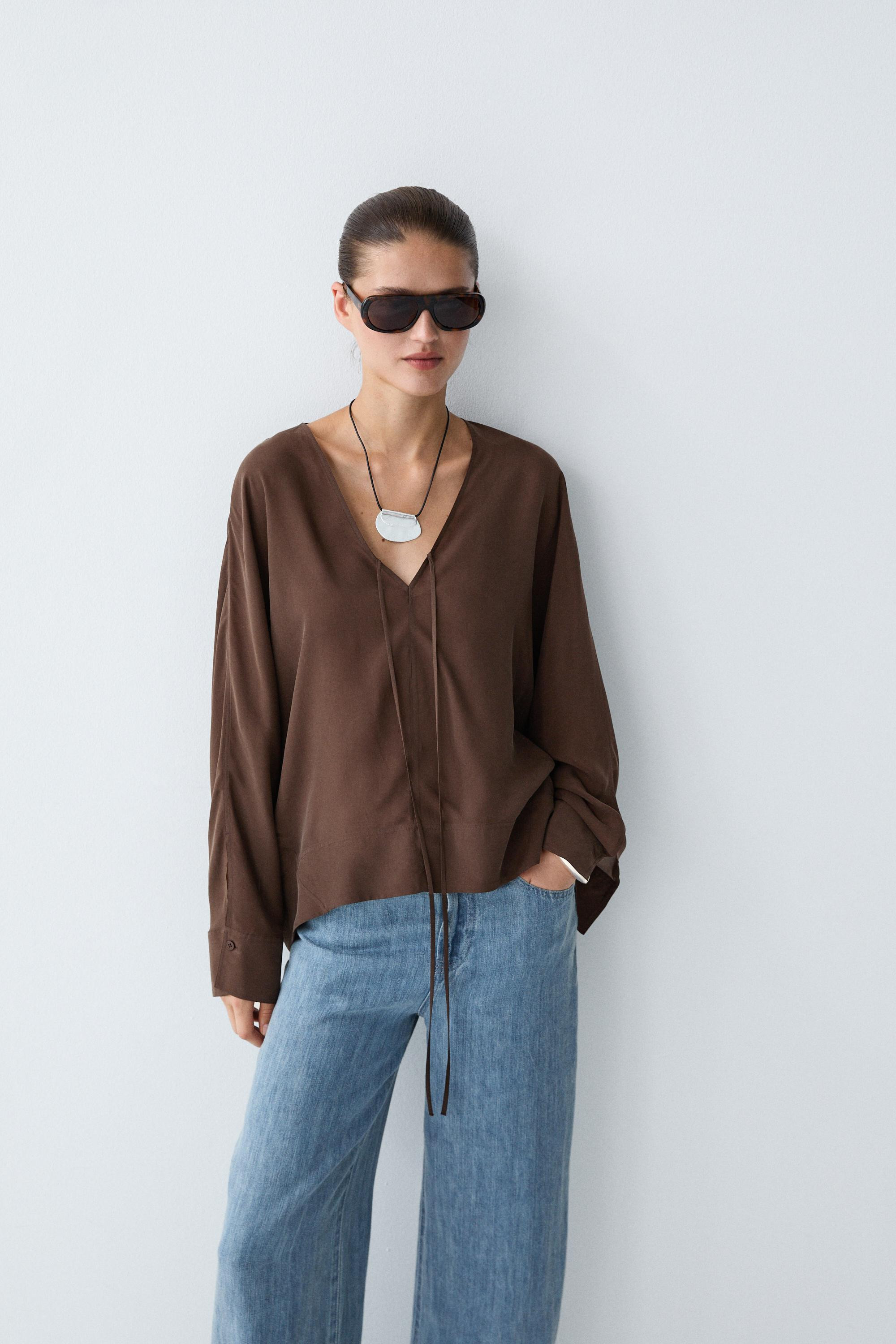 Fluid V-neck tie-front blouse | Massimo Dutti US