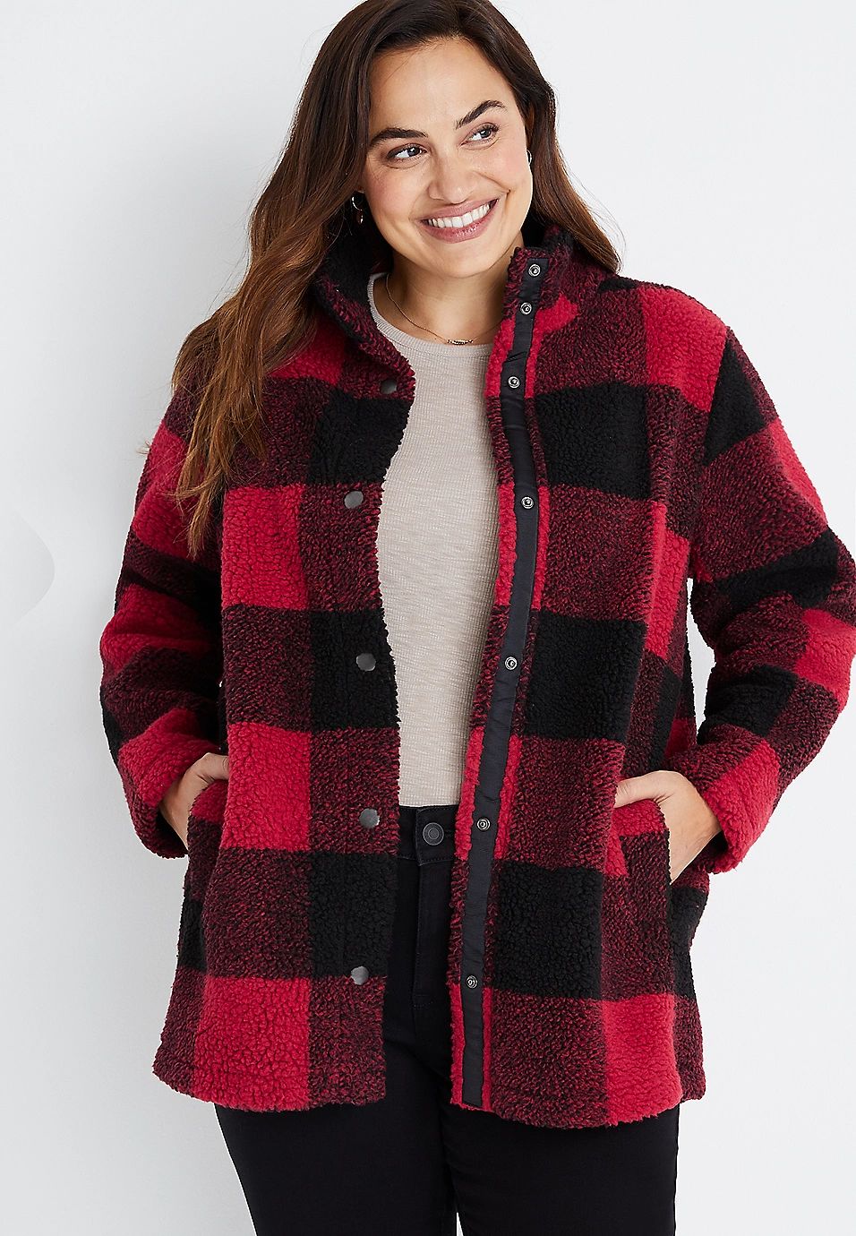 Plus Size Red Buffalo Plaid Sherpa Jacket | Maurices