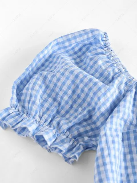 ZAFUL Gingham Twisted Ruffle Puff Sleeve Dress | ZAFUL (Global)