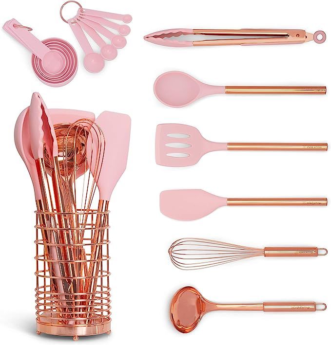 Copper & White Kitchen Utensil Set with Holder - 17-PC Rose Gold Kitchen Utensils Set includes Wh... | Amazon (US)