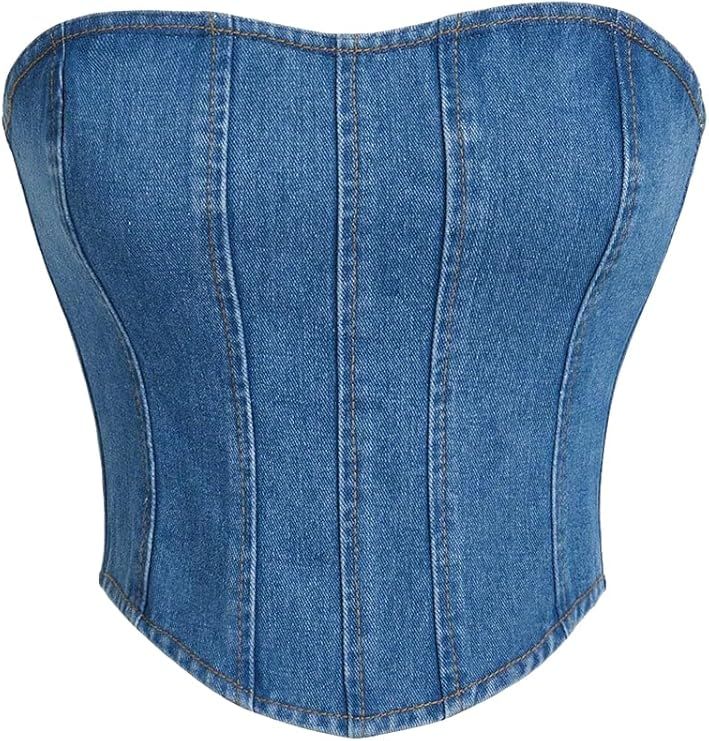 Milumia Women's Hanky Hem Denim Tube Top Zipper Back Strapless Corset Crop Tops Plain Blue Small | Amazon (US)