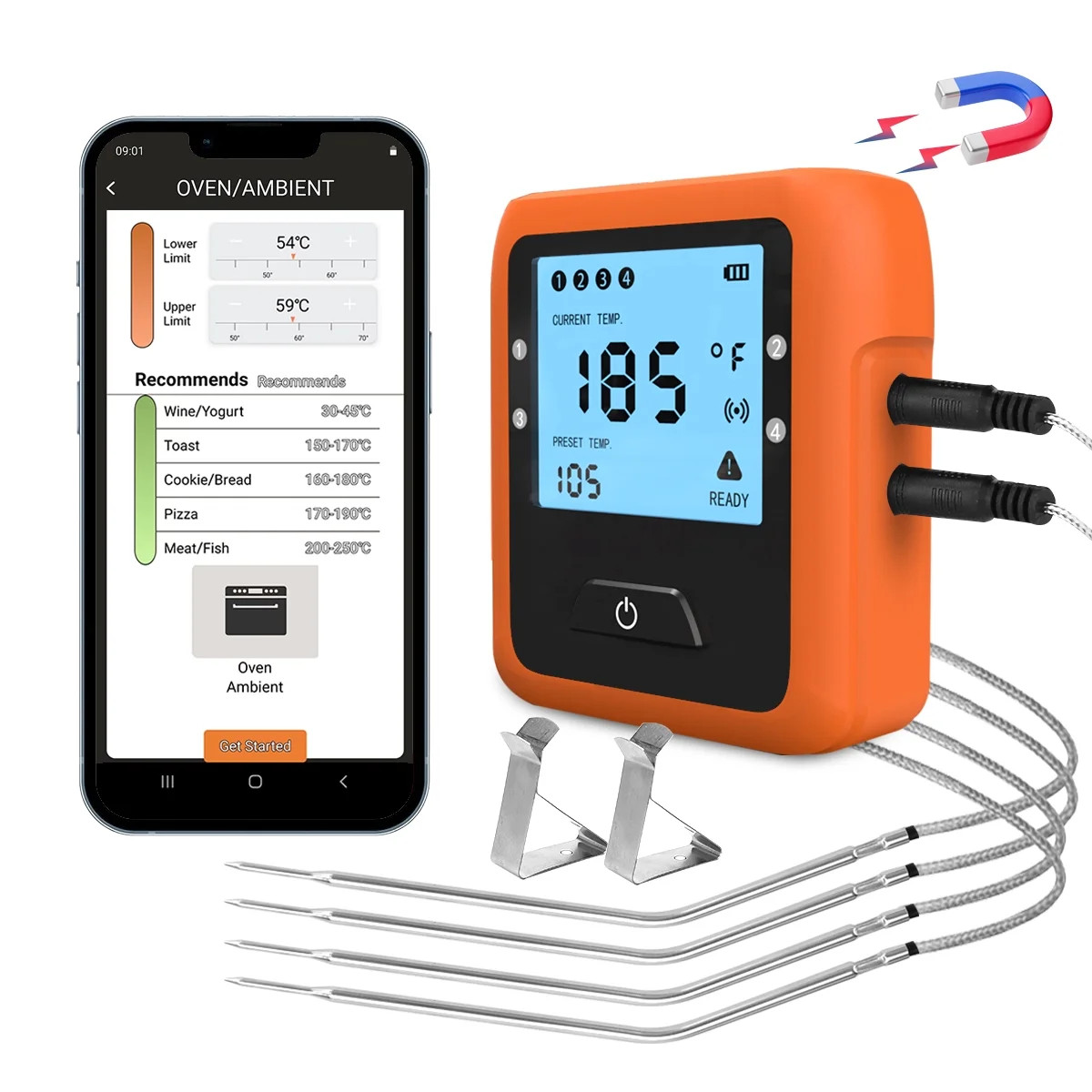 Bluetooth Grill Thermometer, 4 Probes, Preset Meat Modes, Timer, Alarm for Oven, Orange - Walmart... | Walmart (US)