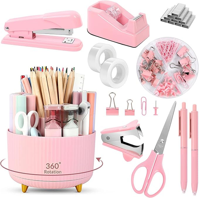 SKYDUE Pink Desk Accessories 10Pcs, Rotating Pen Holder for Desk, Stapler, Staple Remover, Tape D... | Amazon (US)