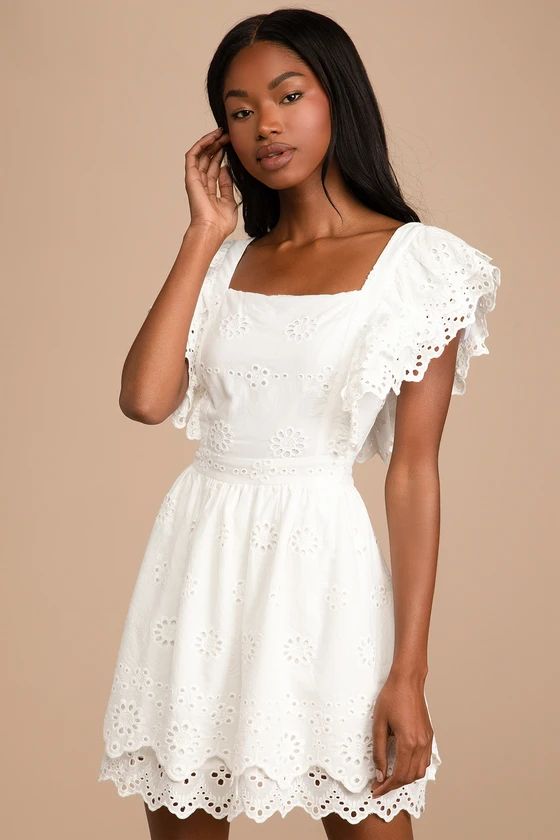 Absolutely Beautiful White Eyelet Lace Ruffled Skater Mini Dress | Lulus