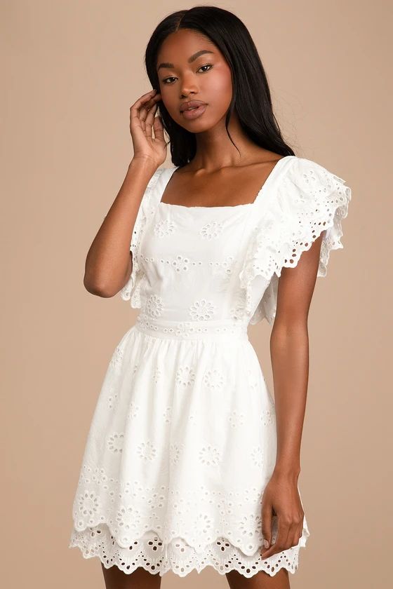 Absolutely Beautiful White Eyelet Lace Ruffled Skater Mini Dress | Lulus (US)