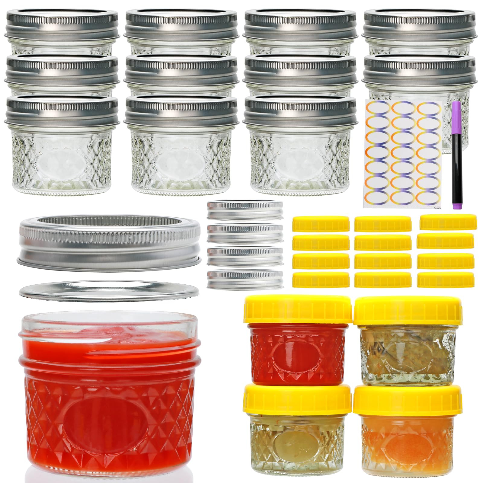Mini Mason Jars, Canning Jars, 4oz Mason Jars with Silver and Yellow Lids for Honey, Jams,Jelly S... | Amazon (US)