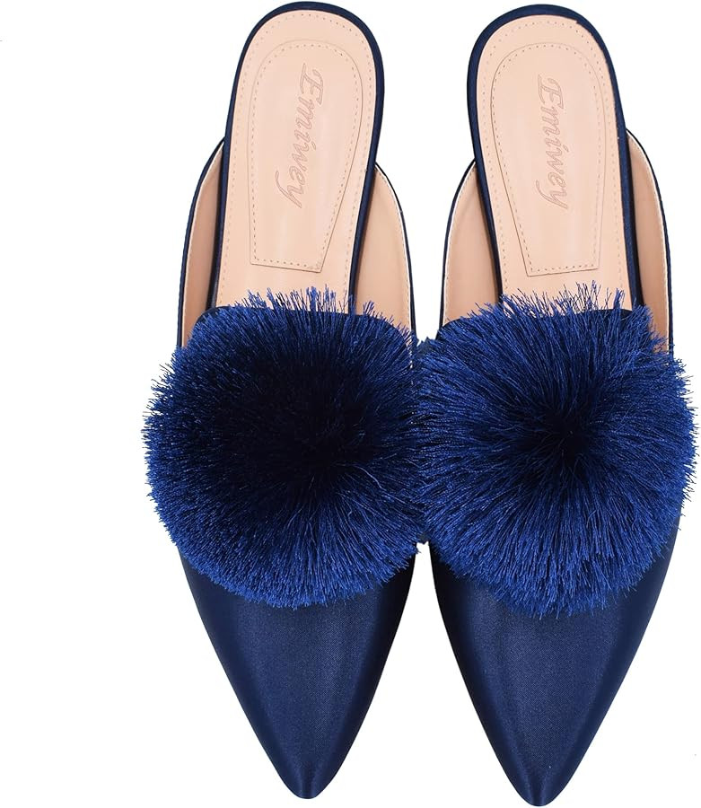 Women's Backless Comfort Slip On Loafers Flats Cute Pom Pom Mule Slippers Casual Shoes | Amazon (US)