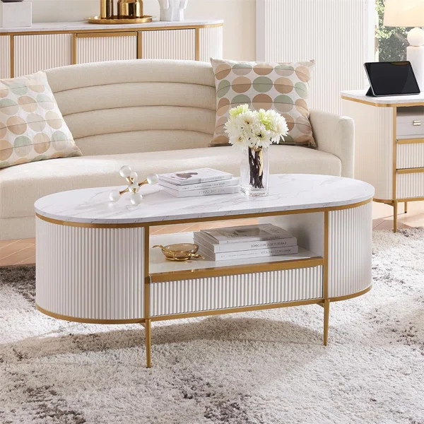 Roseellen 48''L Oval Coffee Table with Storage, Sliding Drawer, Open Shelf | Wayfair North America
