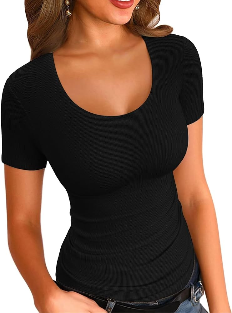 VICHYIE Summer Women's Scoop Neck Short Sleeve Shirts Ribbed Slim Fitted Casual Basic Top Blouses | Amazon (US)