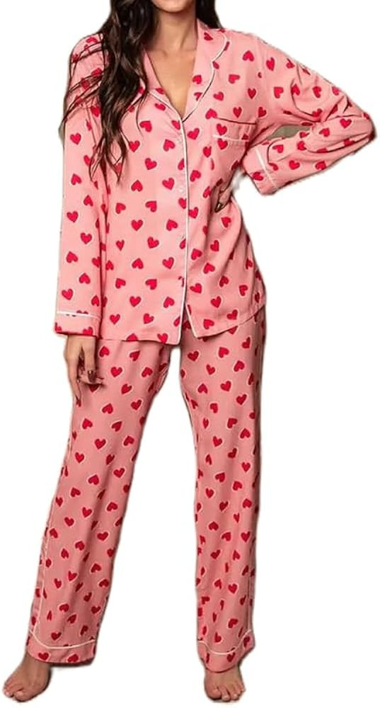 NUFIWI Valentine’s Heart Print 2 Piece Loungewear Set Long Sleeve Button Up Top and Pants Cute ... | Amazon (US)