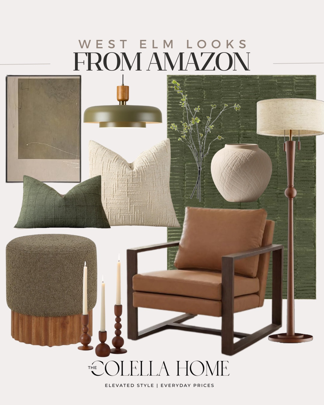West Elm looks from Amazon include accent chair, vase, floor lamp, greenery stems, area rug, ottoman, candle stick holders, throw pillows, pendant light, and wall art.

Home decor, looks for less, home accents, neutral decor

#LTKHome #LTKSeasonal #LTKSaleAlert