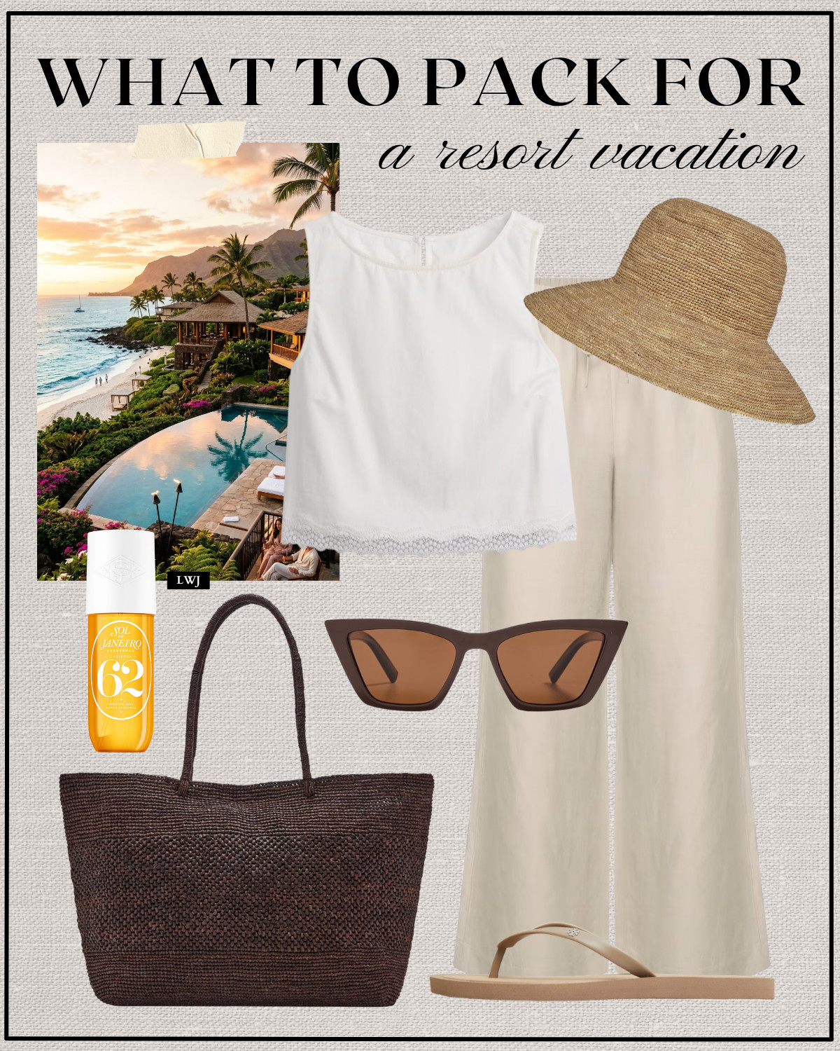 resort vacation outfit 

travel outfit / beach outfit / summer vacation / white boxy tank / aritzia lodge linen pants / beige flip flops / straw hat / chocolate brown woven tote / cat eye sunglasses / sol de janeiro  

 

#LTKTravel
