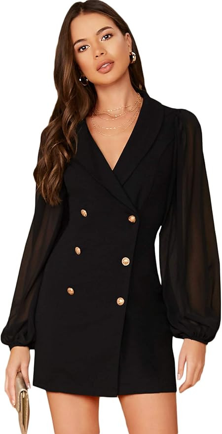 Romwe Women's Long Sleeve Zipper Up Button Front Elegant Solid Blazer Mini Dress | Amazon (US)