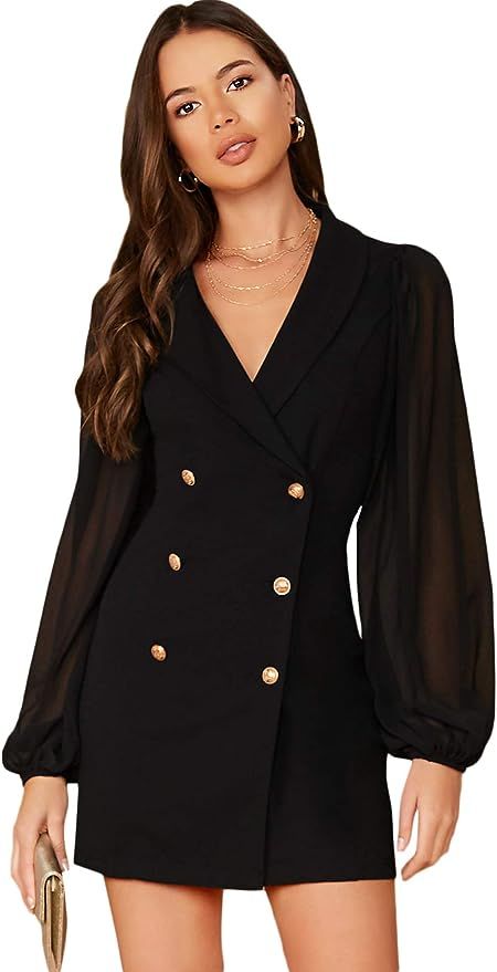 Romwe Women's Long Sleeve Zipper Up Button Front Elegant Solid Blazer Mini Dress | Amazon (US)