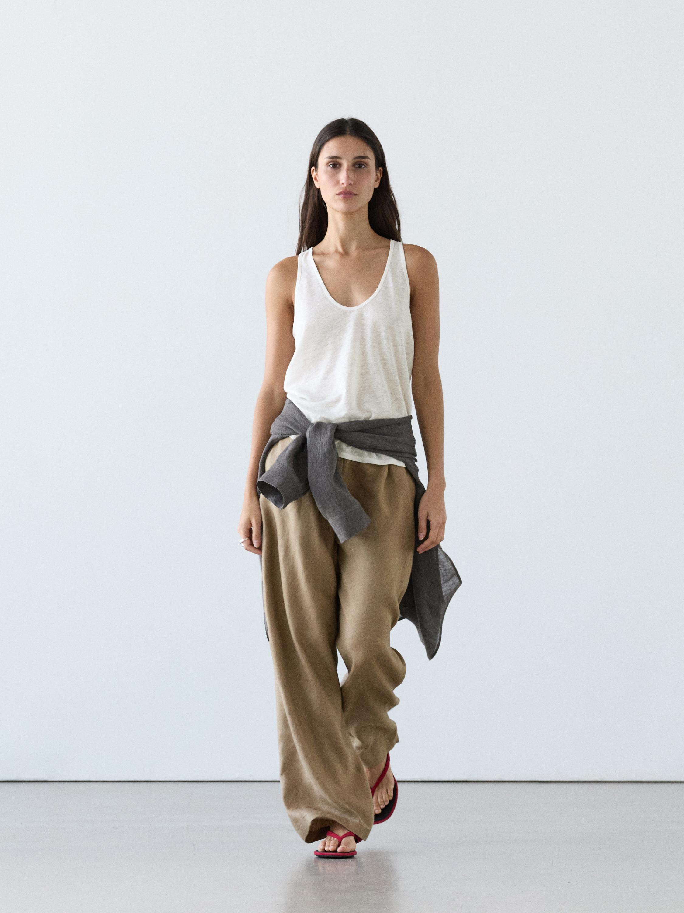 100% linen wide-leg elasticated trousers | Massimo Dutti UK