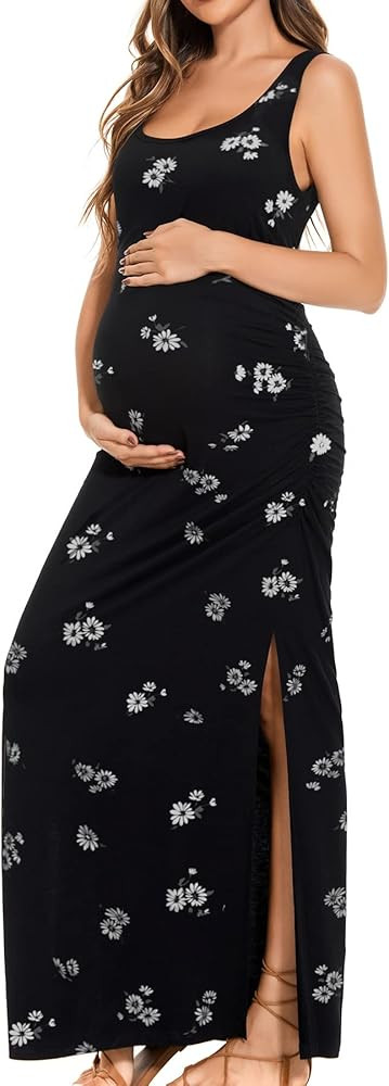 Smallshow Women's Split Long Maternity Dress Sleeveness Ruched Pregnancy Clothes | Amazon (US)