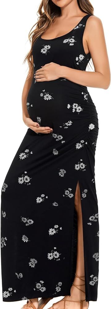 Smallshow Women's Split Long Maternity Dress Sleeveness Ruched Pregnancy Clothes | Amazon (US)
