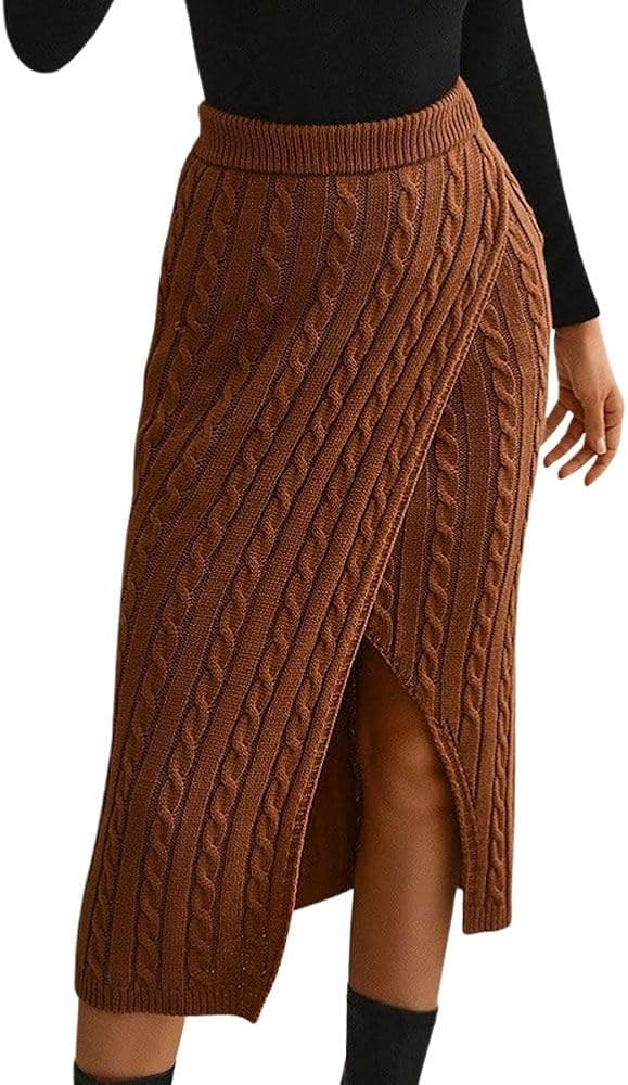 chouyatou Women's Sexy Package Hip Cable Knit Skirt Elastic Waist Front Slit Sweater Midi Long Sk... | Amazon (US)