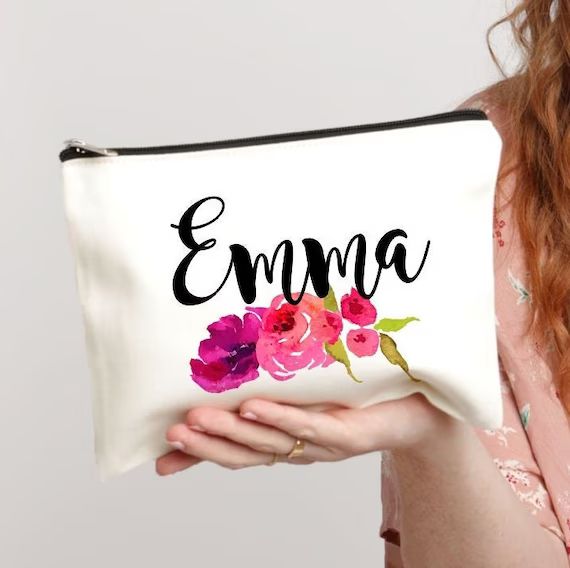 Makeup Bag, Personalized Bag, Floral Monogram Bag, Bridesmaid Gifts, Makeup Case, Monogram Bag, C... | Etsy (US)
