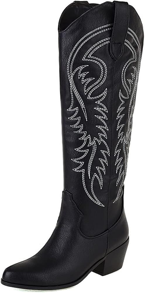 Womens Cowgirl Boots Western Embroidered Knee High Pull on Tall Wide Calf Knee High Boots Autumn ... | Amazon (US)