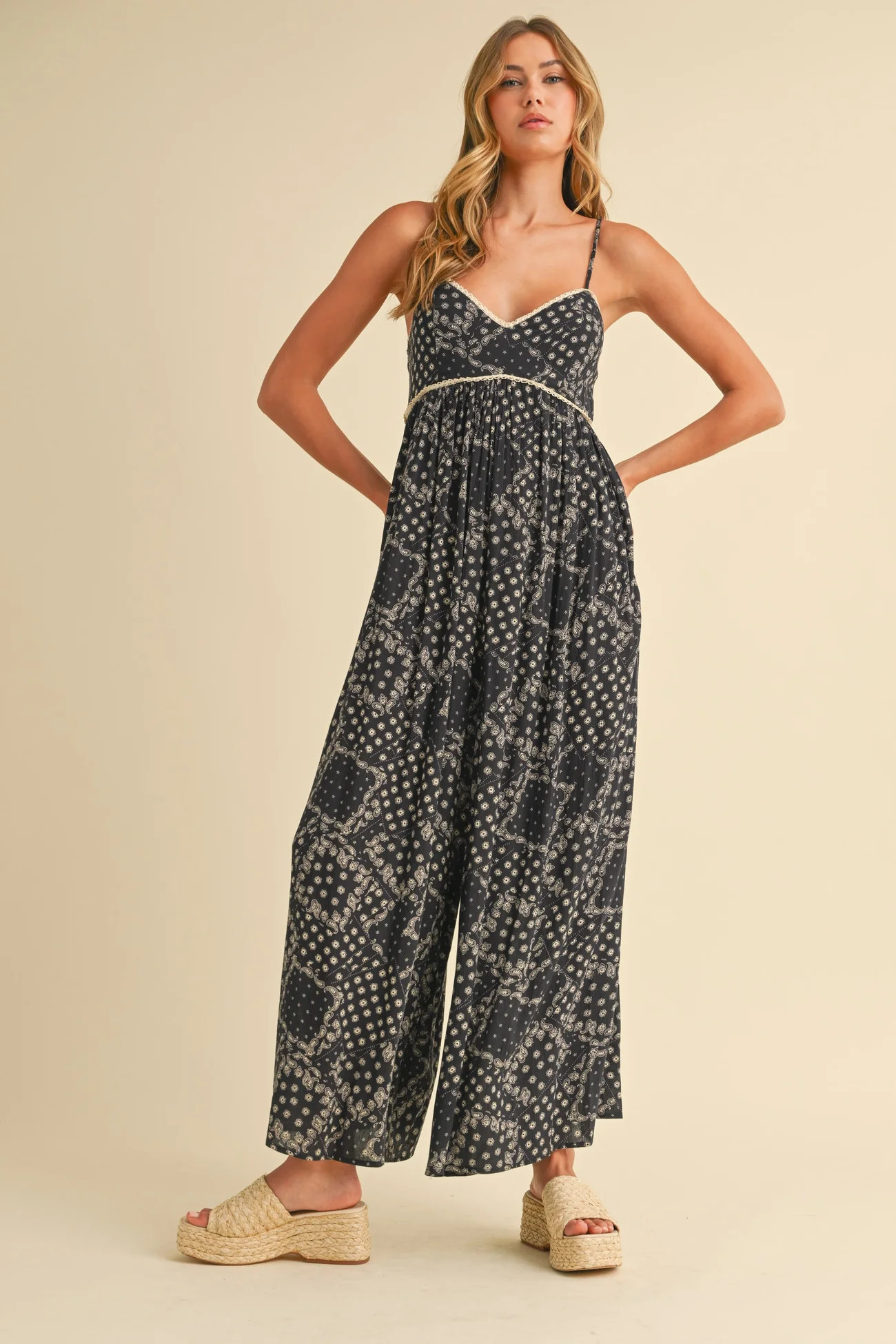 Black Paisley Printed Wide Relaxed Fit Jumpsuit | PinkBlush Maternity