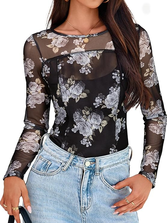 Glamaker Womens Mesh Sheer Lace Tops Sexy Long Sleeve Going Out Casual Floral Slim Fit Blouses Sh... | Amazon (US)