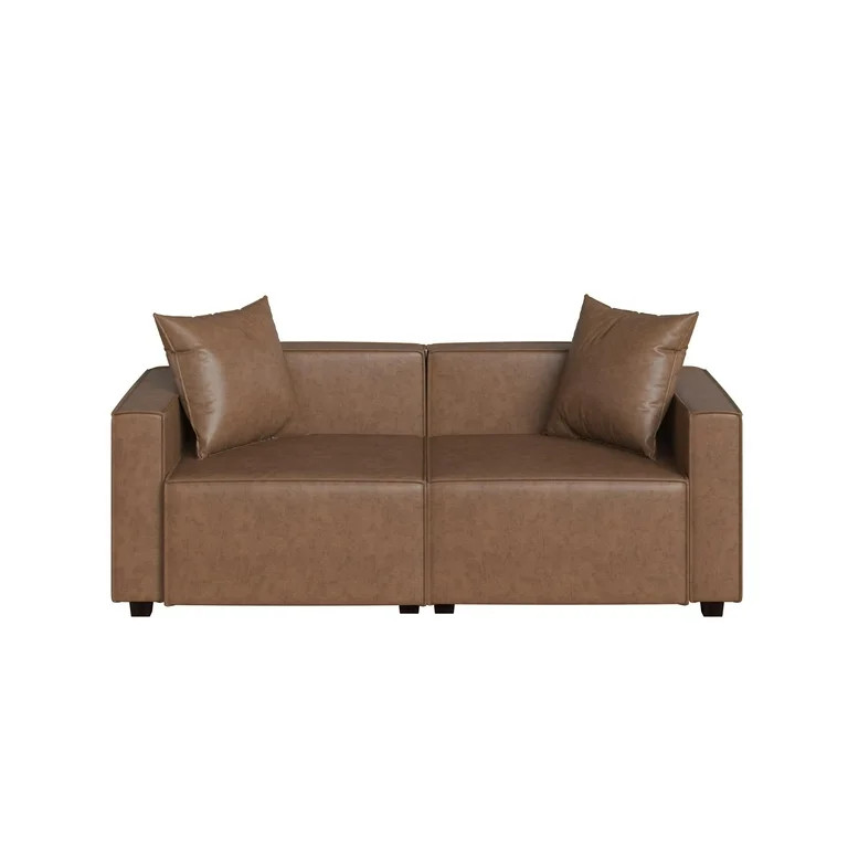 Mainstays Wynnewood 75" Low-Profile Modern Faux Leather Sofa Couch with 2 Throw Pillows, Brown, 3... | Walmart (US)