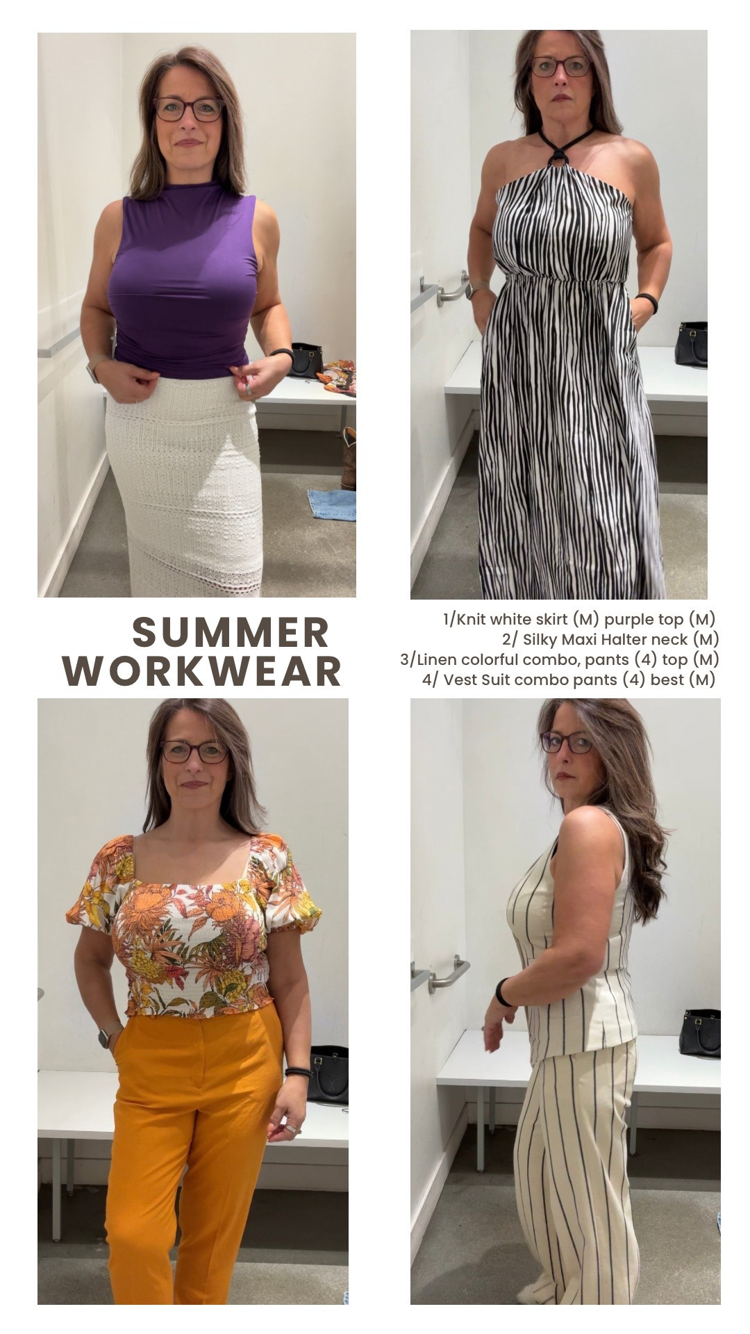 Summer workwear try on!  
1/Knit white skirt (M) purple top (M) 
2/Silky Maxi Halter neck (M)
3/Linen colorful combo, pants (4) top (M)
4/ Vest Suit combo pants (4) best (M) 

#LTKOver40 #LTKSeasonal #LTKSummerEdit