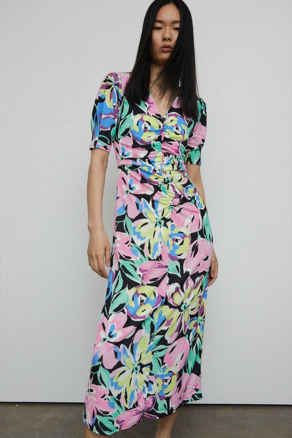 Floral Print Ruched Front Midi Dress | Warehouse UK & IE