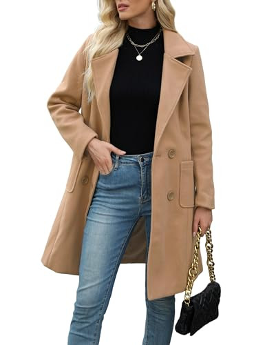 Bankeng Women Winter Wool Blend Camel Mid-Long Coat Notch Double-Breasted Lapel Jacket Outwear | Amazon (US)