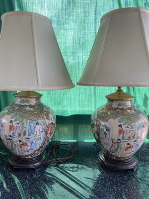 Pair Vintage Chinoiserie Hand Painted Porcelain Ginger Jar Lamps | eBay US