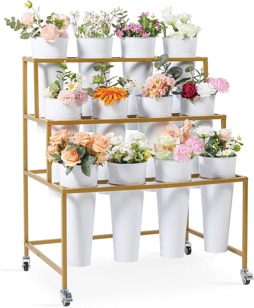 Flower Cart Display Stand, 3 Layers Metal Flower Bar Stand with 360° Swivel Wheels and Brake, Fl... | Amazon (US)