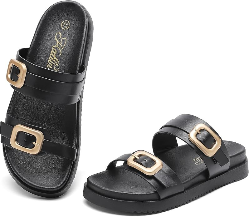 Amazon.com | katliu Women's Comfort Flat Sandals Double Buckle Adjustable Slide Sandals Casual Su... | Amazon (US)