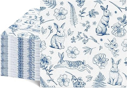 100 Pcs Easter Napkins, Retro Bunny Napkins Blue and White Rabbit Decoupage Napkin Chinoiserie Ea... | Amazon (US)