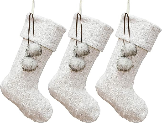New Traditions Simplify Your Holiday 3-Pack Christmas Cable Knit Stockings with Pom Poms (Ivory/I... | Amazon (US)