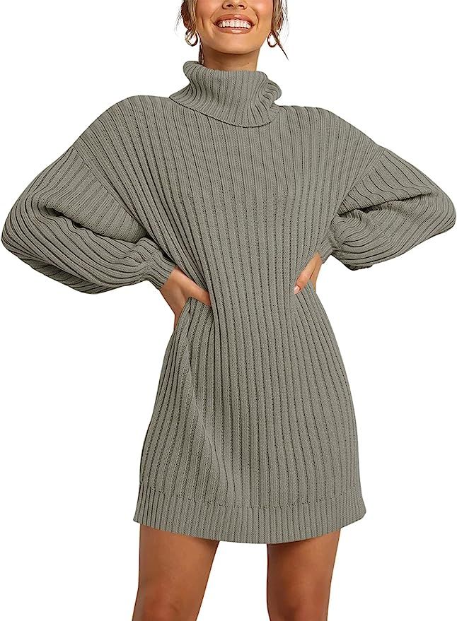 ANRABESS Women Turtleneck Long Lantern Sleeve Casual Loose Oversized Sweater Dress Soft Winter Pu... | Amazon (US)