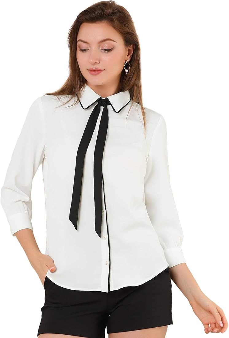 Women's Elegant Contrast Collar Blouse 3/4 Sleeve Button Up Tie Neck Office Shirt | Amazon (US)