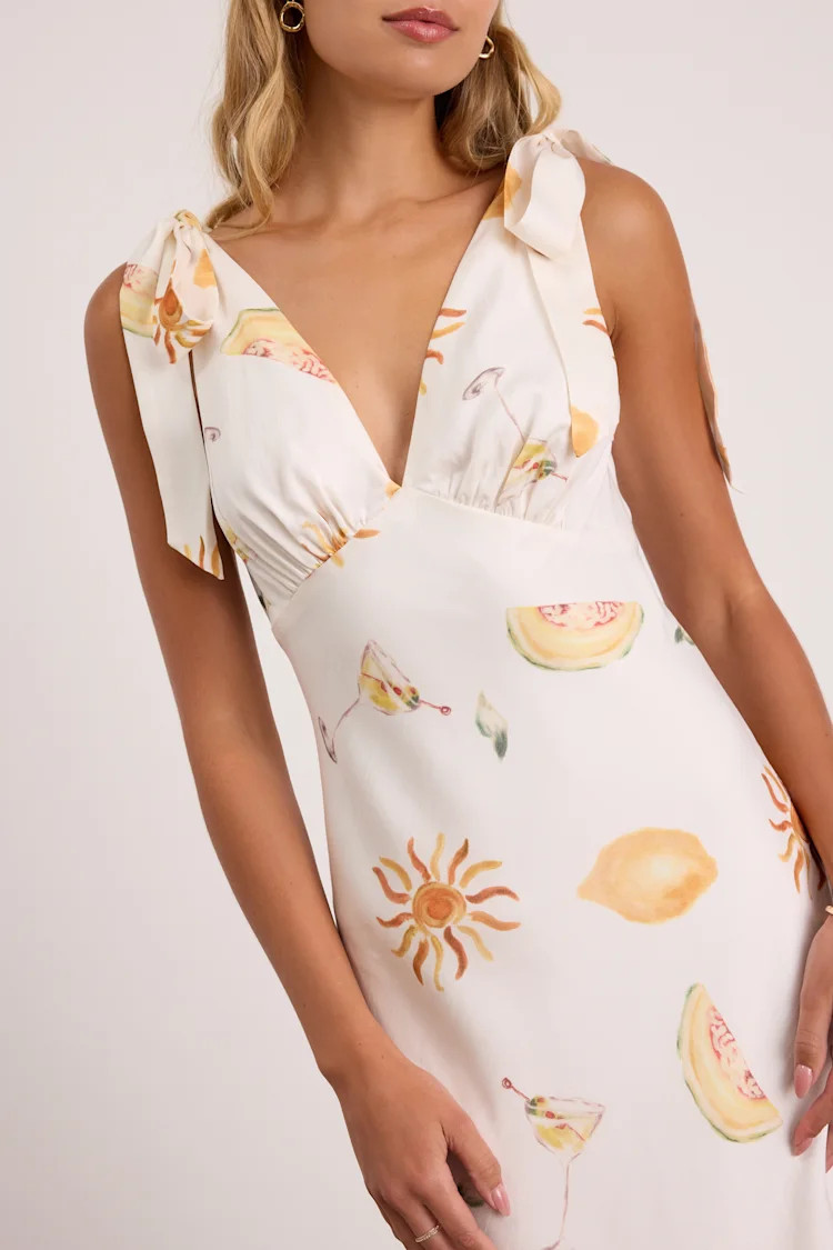 Malta White Multi Print Tie-Strap Midi Dress | Lulus