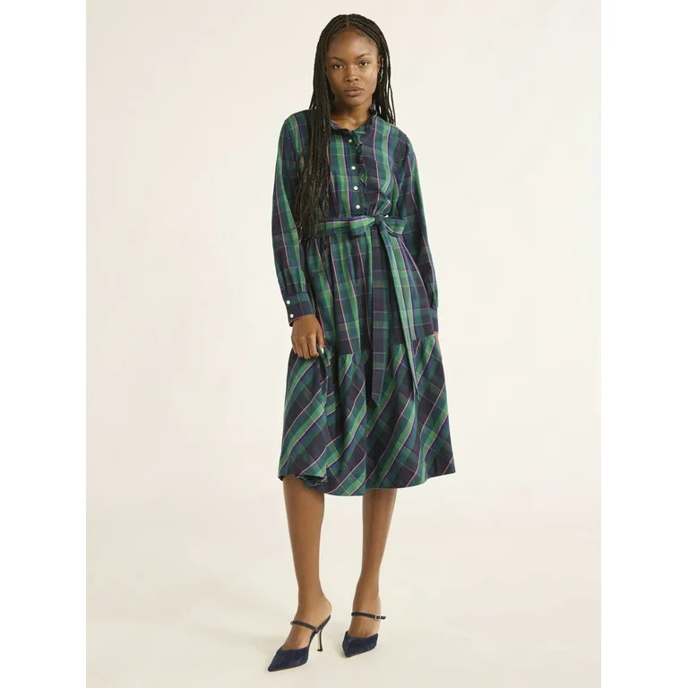 Free Assembly Women’s and Women's Plus Cotton Ruffle Midi Dress with Long Sleeves, Sizes XS-4X | Walmart (US)