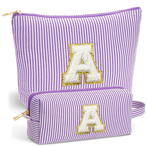 Fohufo Travel Makeup Bag Set - Travel Essentials, Initial Make up Cosmetic Bag Makeup Pouch Travel Toiletry Bag | Cute Purple Stuff Birthday Gifts for Women Mom Daughter, Purple Letter A | Amazon (US)