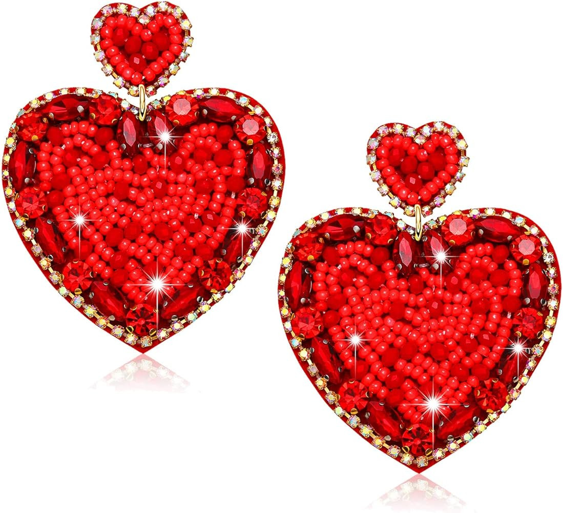 Valentine's Day Earrings for Women Beaded Heart Earrings Handmade Bead LOVE XOXO Earring Drop Dan... | Amazon (US)